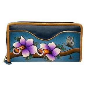 Magnifique Hand Painted Flower Zip Around Wallet Teal Blue Purple Leather NWT